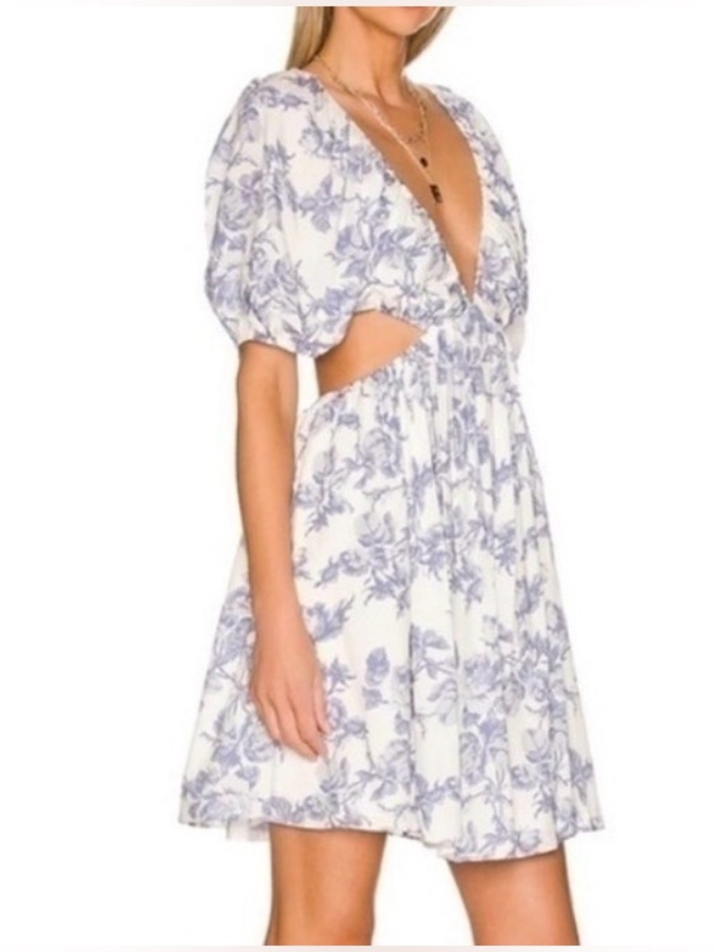 Bardot White and Blue Floral Puff-Sleeve Cutout Dress